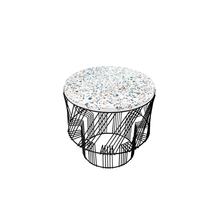 Sleek Black Iron Base Terrazzo Round End Table