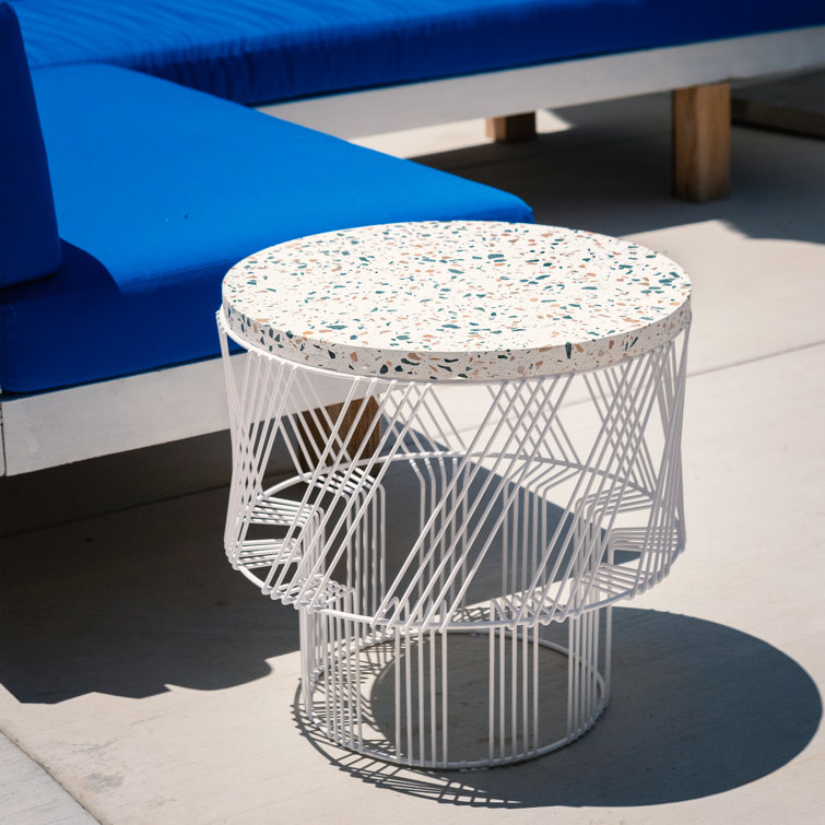 Sleek White Terrazzo Round End Table for Indoor/Outdoor