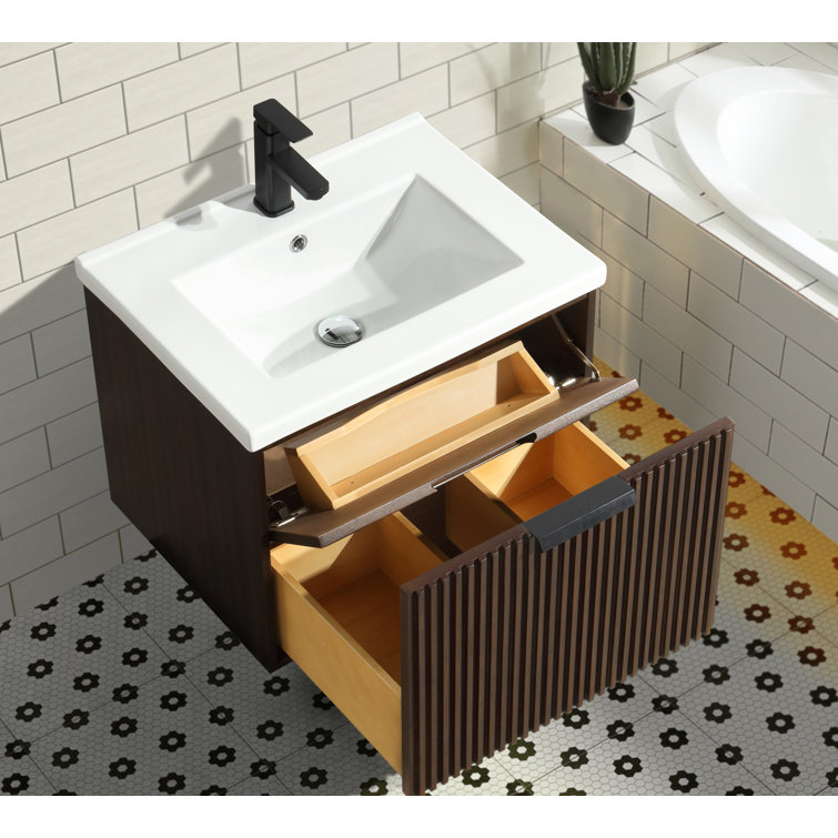 San Diego 24'' Walnut Wall-Mount Bathroom Vanity with Ceramic Sink