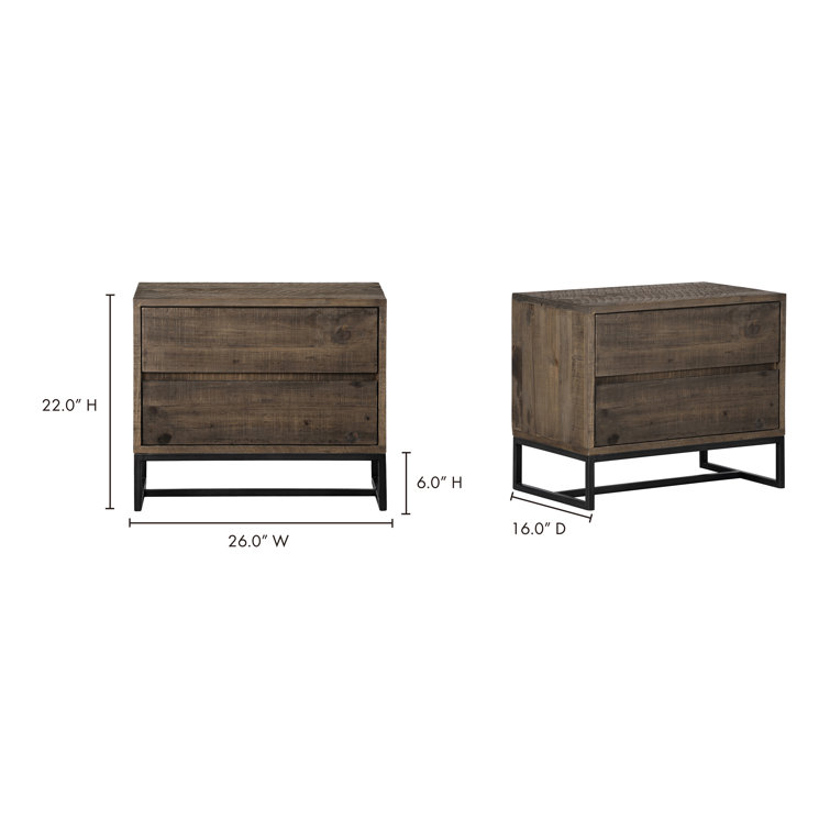 Rustic Transitional Solid Pine 2-Drawer Nightstand with Metal Base