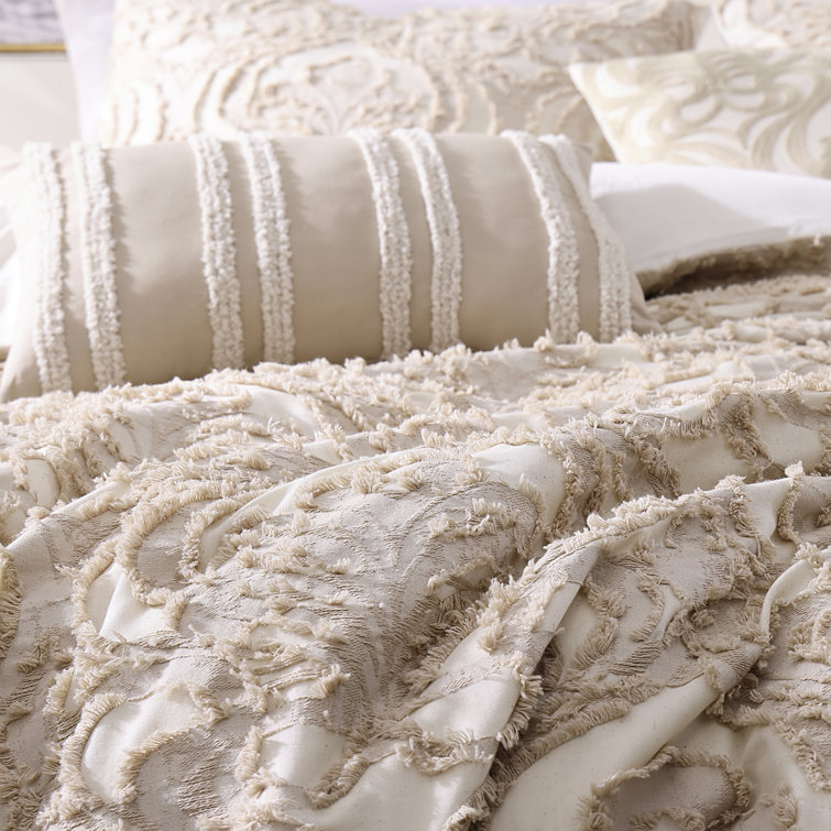 Tan King Cotton Jacquard Comforter Set with Pillows
