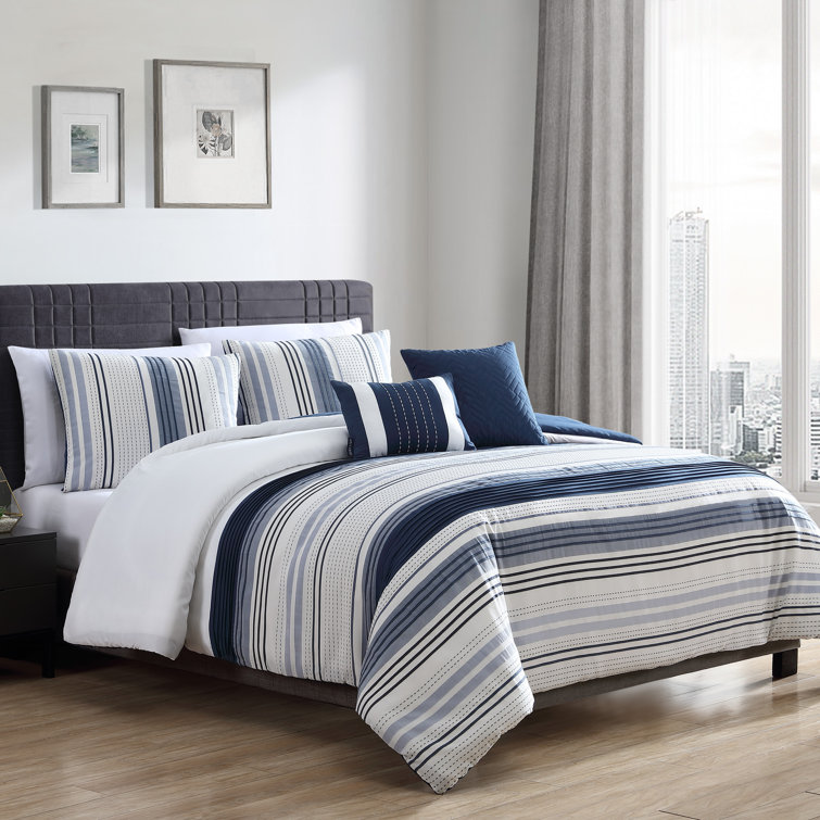 Albion Blue Striped Queen Comforter Set with Pillows