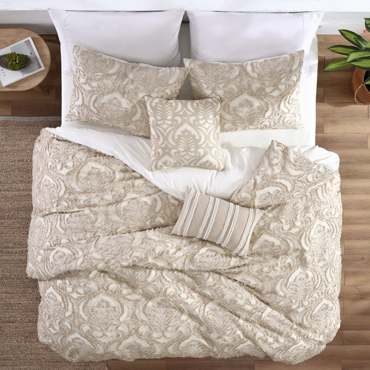 Tan King Cotton Jacquard Comforter Set with Pillows