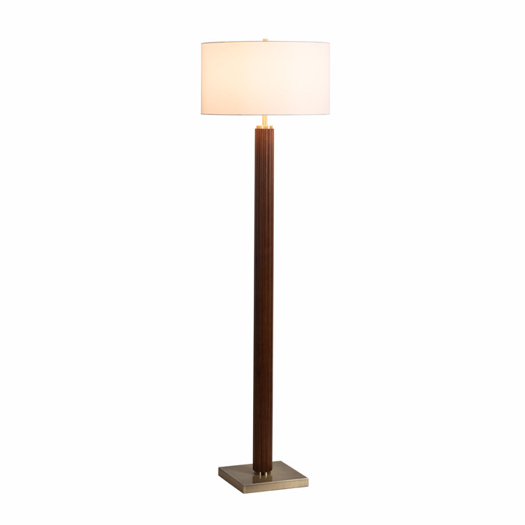 Dark Walnut and Brass Floor Lamp with White Linen Shade