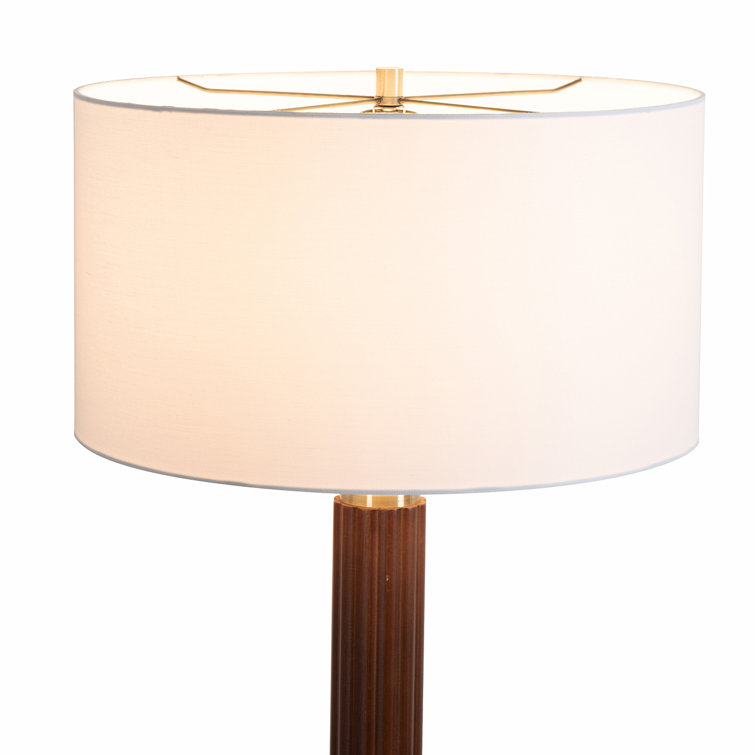 Dark Walnut and Brass Floor Lamp with White Linen Shade