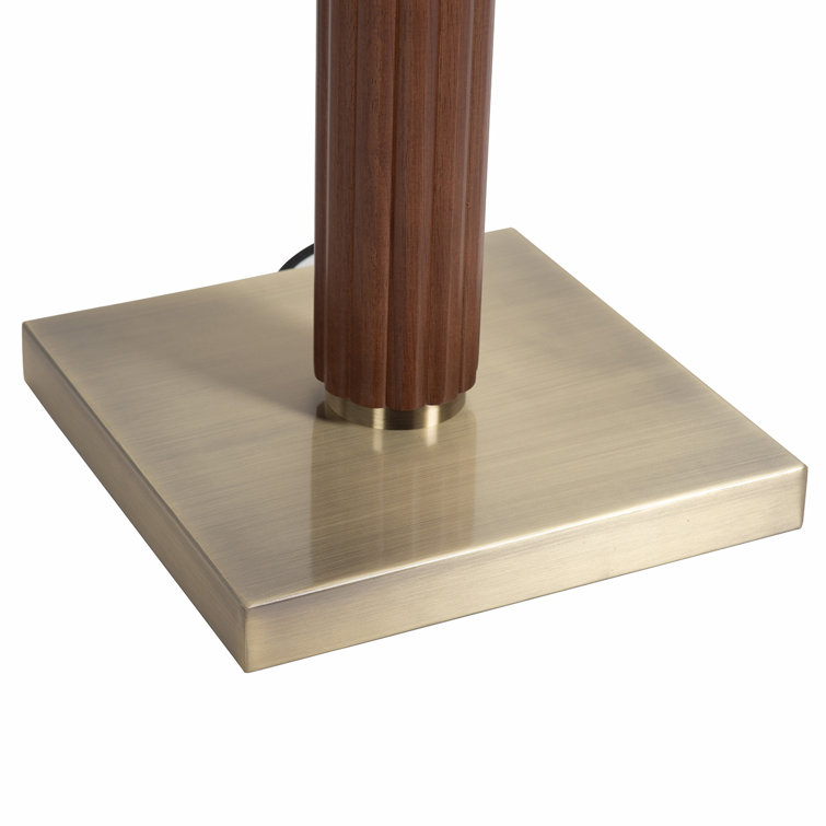 Dark Walnut and Brass Floor Lamp with White Linen Shade