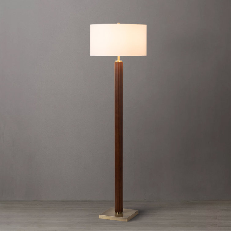 Dark Walnut and Brass Floor Lamp with White Linen Shade