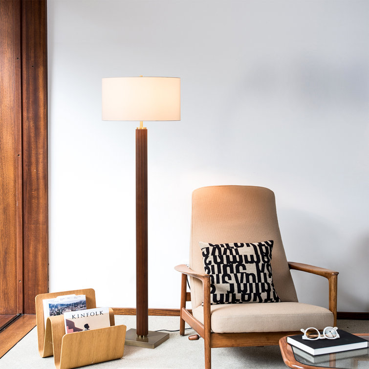 Dark Walnut and Brass Floor Lamp with White Linen Shade