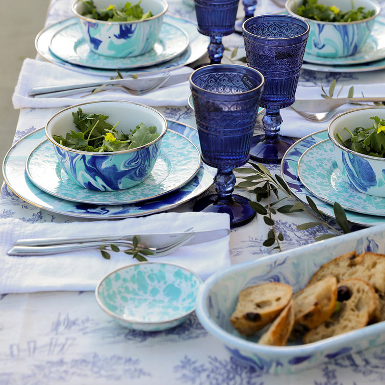 Blue and White Ceramic Oval Platter with Metal Accents