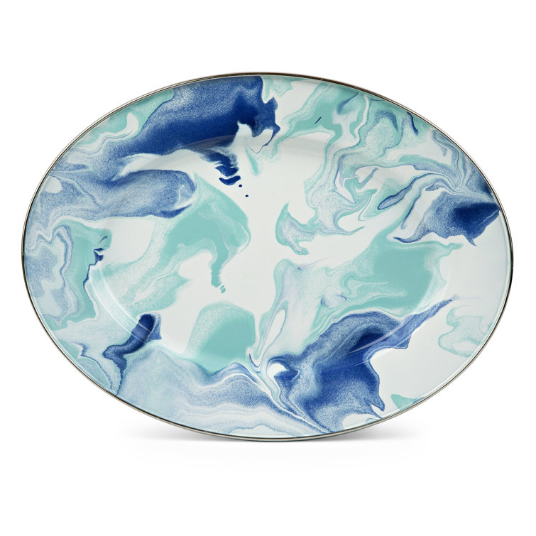 Blue and White Ceramic Oval Platter with Metal Accents