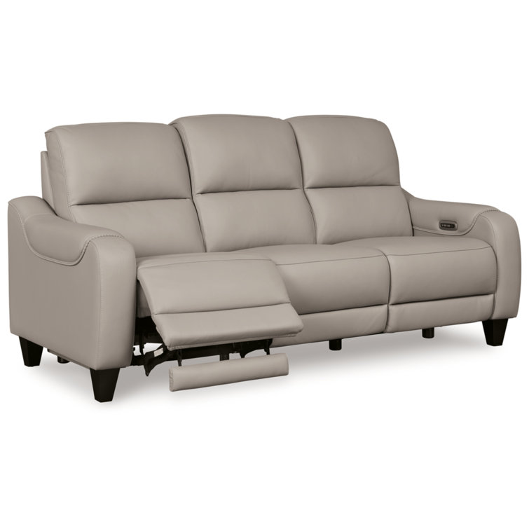 Gray Leather Power Reclining Sofa with Adjustable Headrest