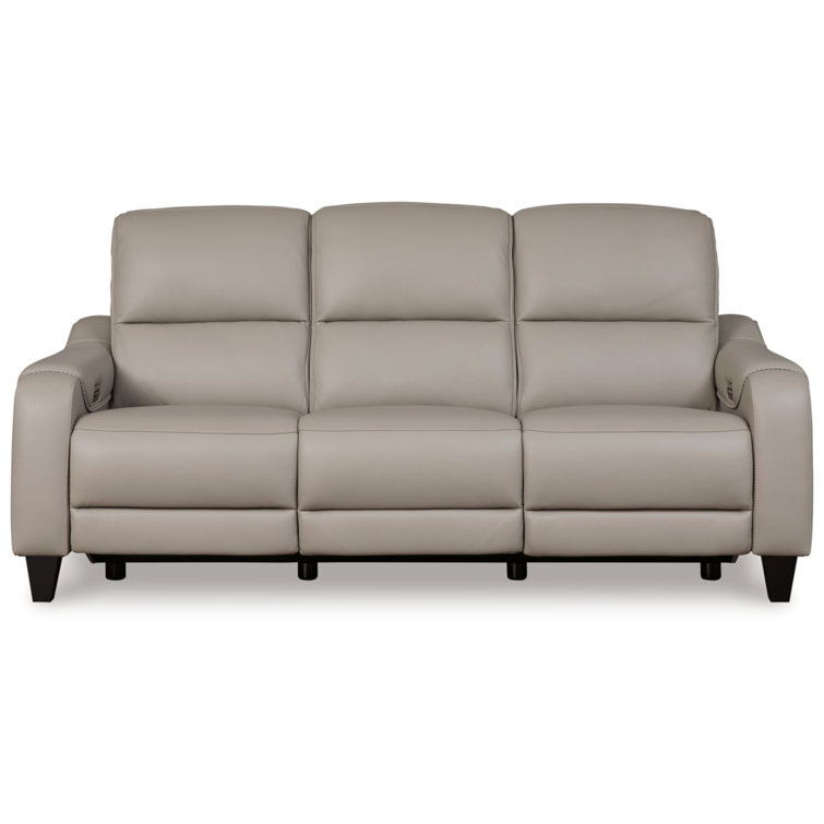 Gray Leather Power Reclining Sofa with Adjustable Headrest