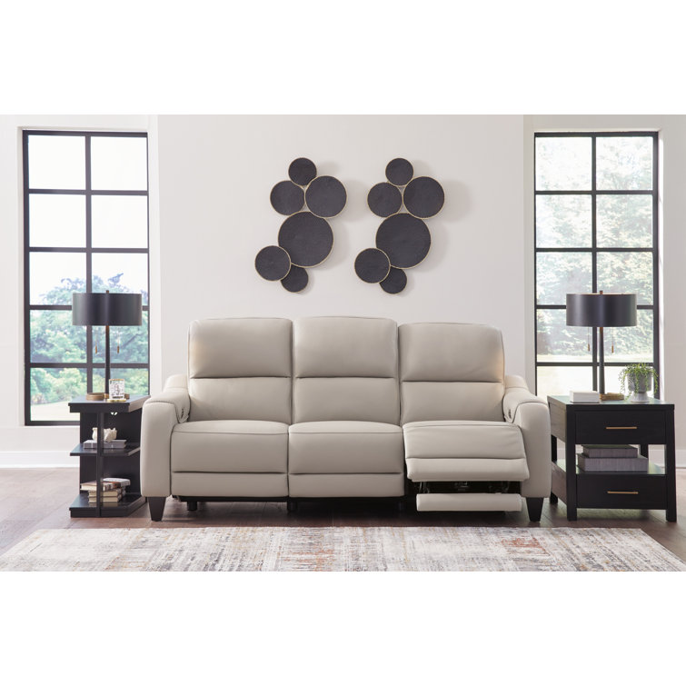 Gray Leather Power Reclining Sofa with Adjustable Headrest