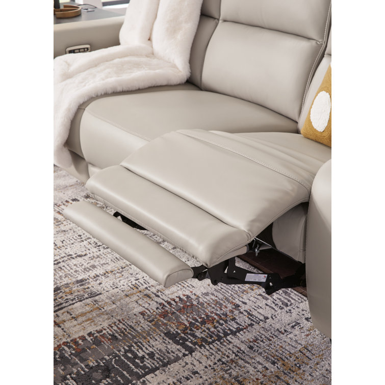 Gray Leather Power Reclining Sofa with Adjustable Headrest