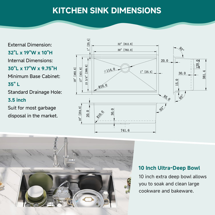 32" Stainless Steel Drop-in Single Bowl Workstation Kitchen Sink