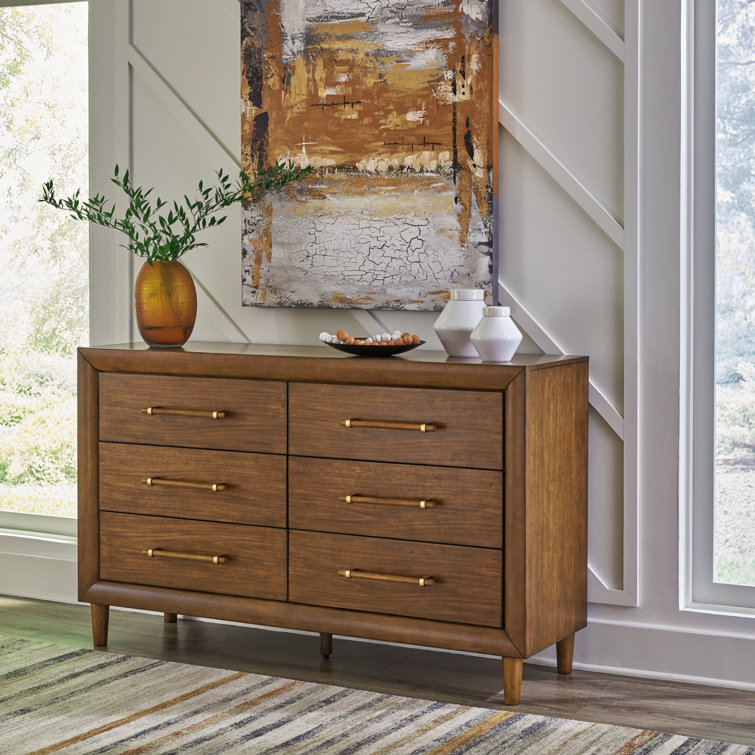 Medium Brown 6-Drawer Dresser with Mirror and Tapered Legs