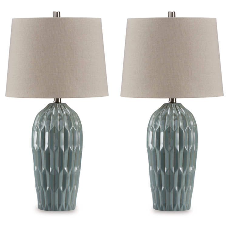 Pale Blue Teal Ceramic Table Lamp Set with 3-Way Switch