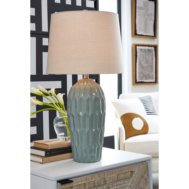 Pale Blue Teal Ceramic Table Lamp Set with 3-Way Switch