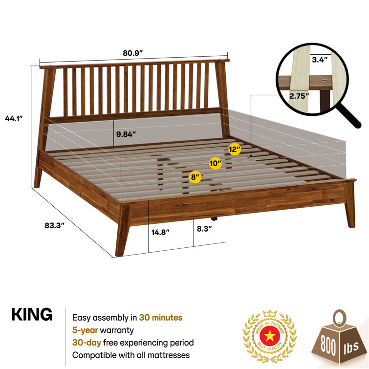 Walnut King Solid Wood Platform Bed Frame with Slatted Headboard