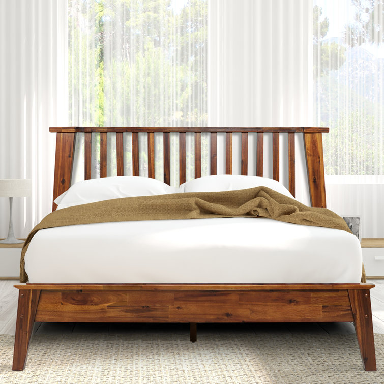 Walnut Acacia Queen Platform Bed with Slatted Headboard
