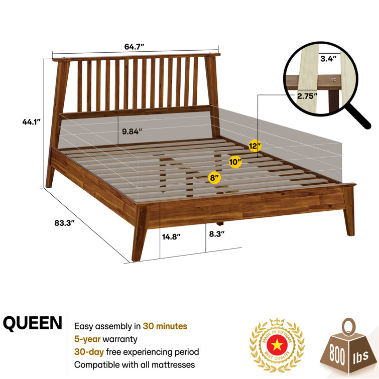Walnut Acacia Queen Platform Bed with Slatted Headboard
