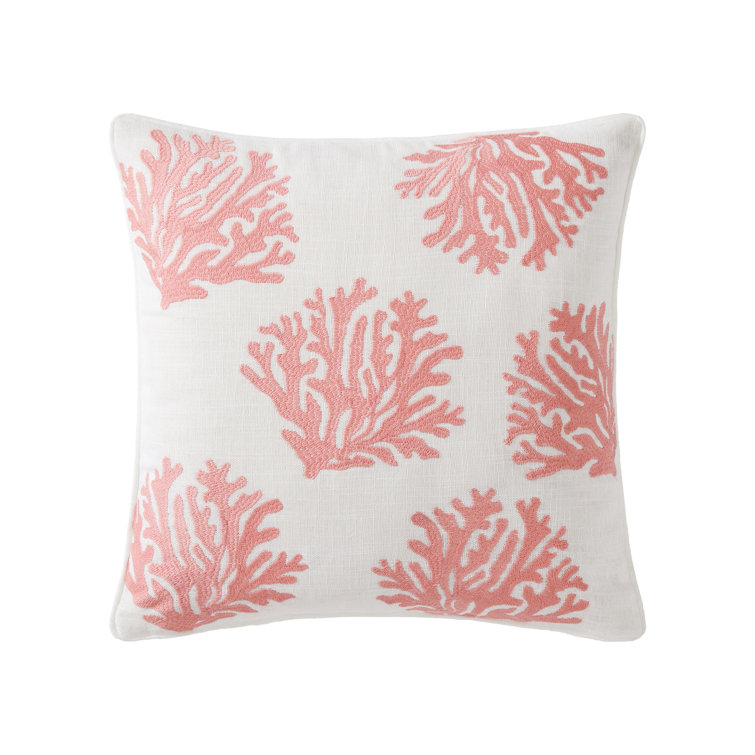 Coral Embroidered Square Coastal Throw Pillow