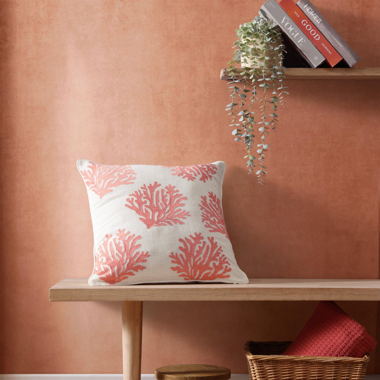 Coral Embroidered Square Coastal Throw Pillow
