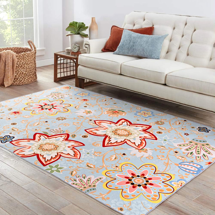 Blue Floral Synthetic Non-Slip Washable 5' x 7' Rug