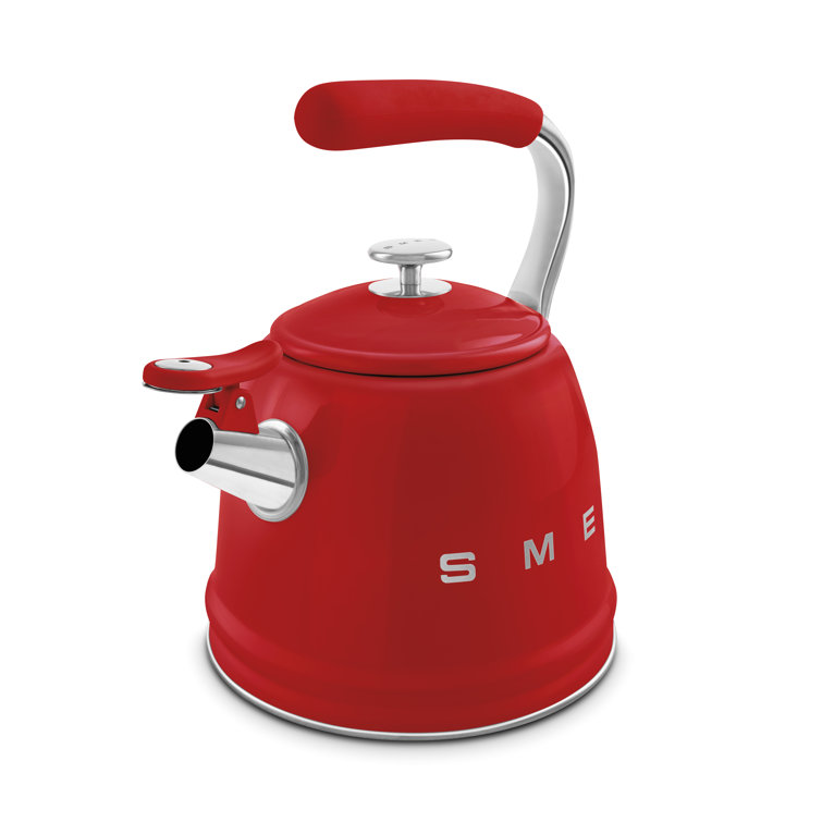 Red Stainless Steel Retro Whistling Stovetop Kettle, 2.4 Quarts