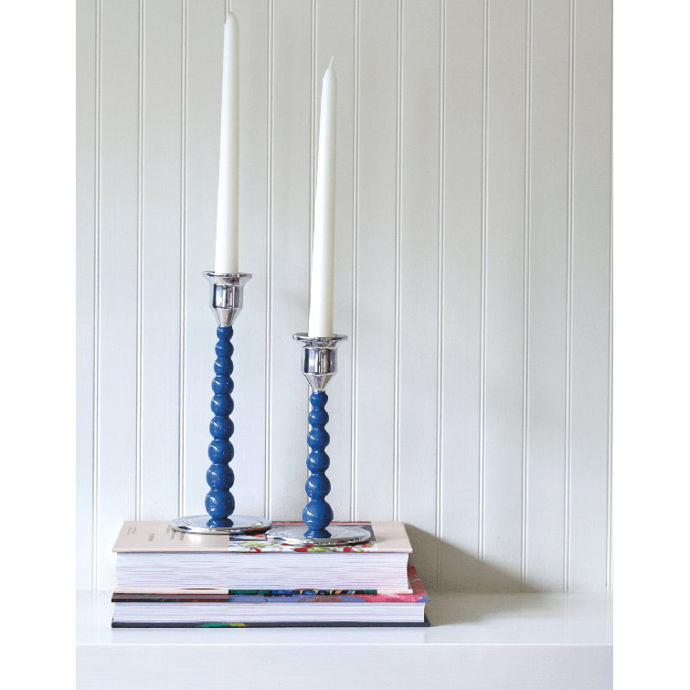 Pearled Blue Aluminum Tabletop Candlestick Set of 2