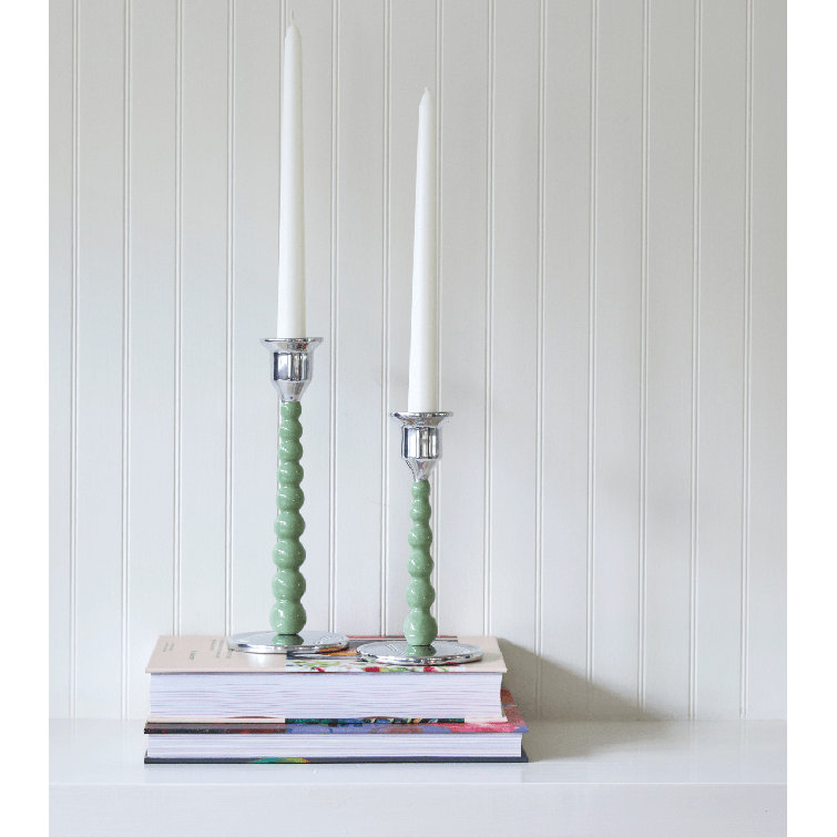 Medium Green Pearled Aluminum Tabletop Candlestick Set