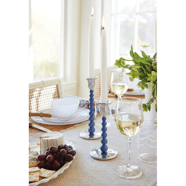 Pearled Blue Aluminum Tabletop Candlestick Set of 2