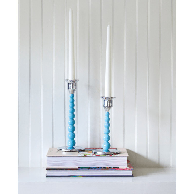 Aqua Aluminum Beaded Tabletop Candlestick Set