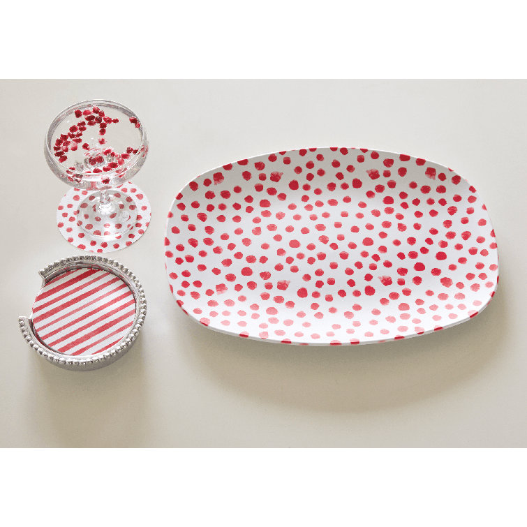 Red Polka Dot Round Paper Coaster Set with Holder