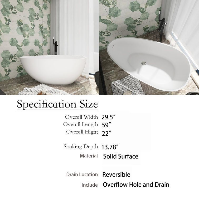 59 in. Matte White Solid Surface Freestanding Soaking Bathtub