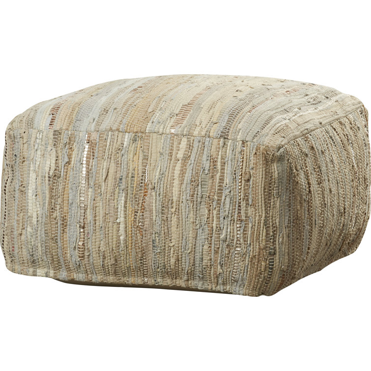 Bolin 24'' Square Woven Leather Pouf in Cream & Pale Blue