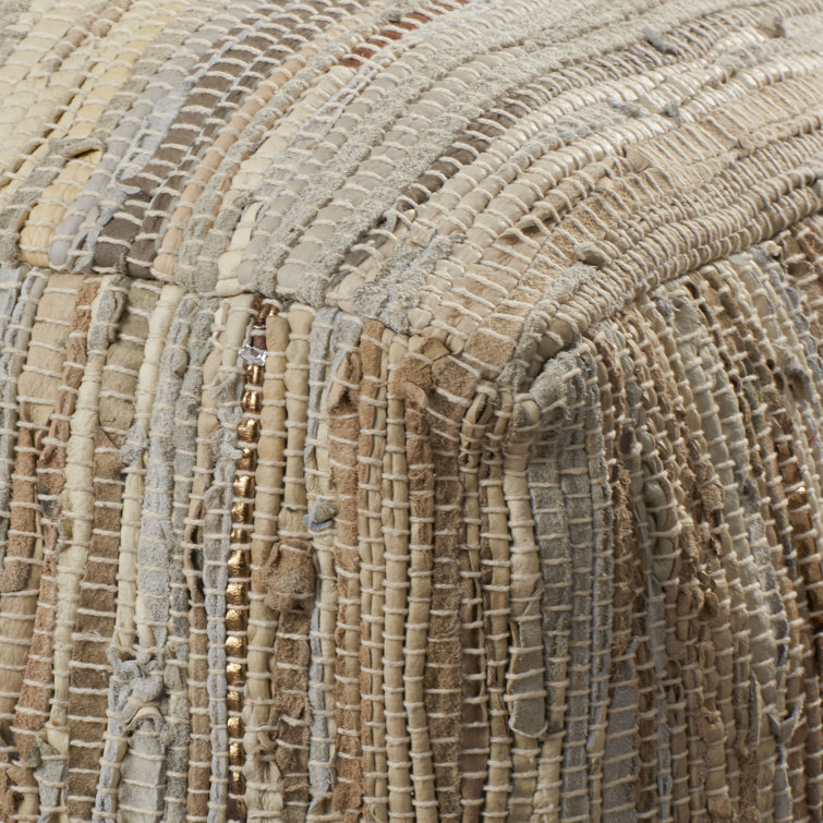 Bolin 24'' Square Woven Leather Pouf in Cream & Pale Blue