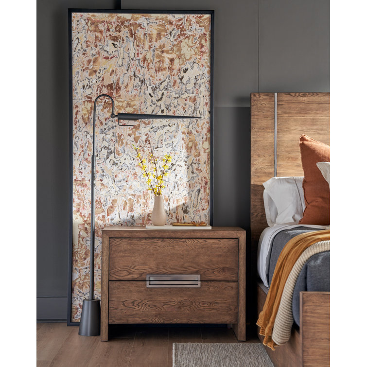 Atlas Medium Brown Oak 2-Drawer Nightstand with Bronze Pull