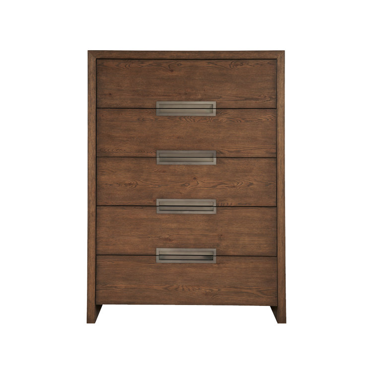 Medium Brown Oak 5-Drawer Dresser with Bronze Pulls
