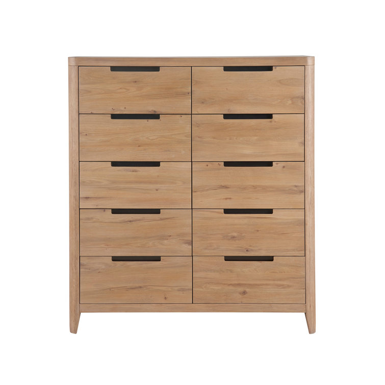Natural Oak 10-Drawer Modern Chest with Dark Pulls