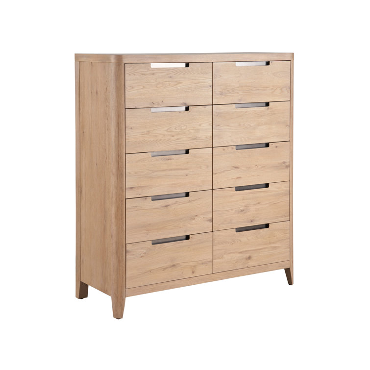 Natural Oak 10-Drawer Modern Chest with Dark Pulls