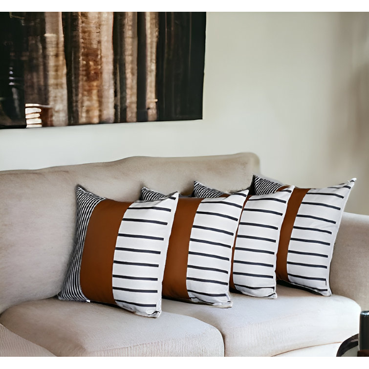 Brown and Ivory Faux Leather Striped Pillow Covers, 22" x 22", Set of 4