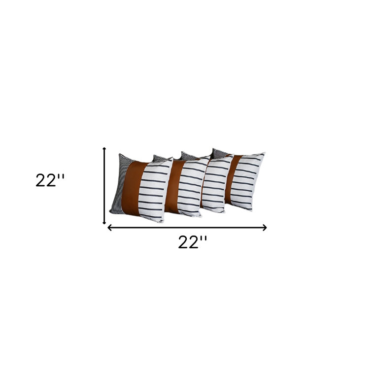 Brown and Ivory Faux Leather Striped Pillow Covers, 22" x 22", Set of 4