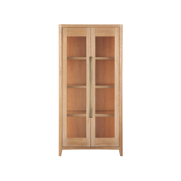 Tall Natural Oak Glass Door Display Cabinet