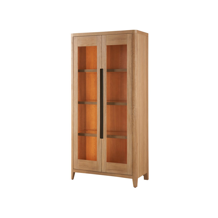 Tall Natural Oak Glass Door Display Cabinet