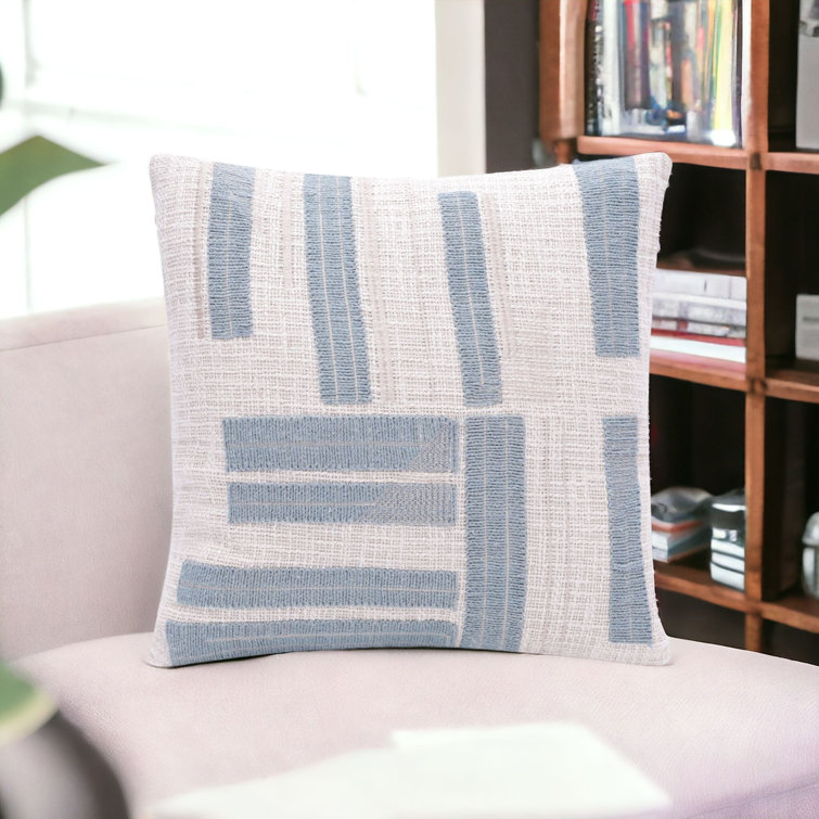 Ocean Blue and Ivory Cotton Embroidered Throw Pillow