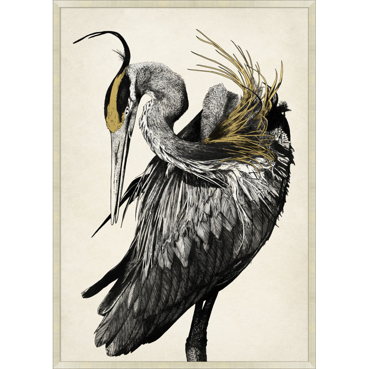 Silver Framed Gold Leaf Heron Acrylic Painting Print