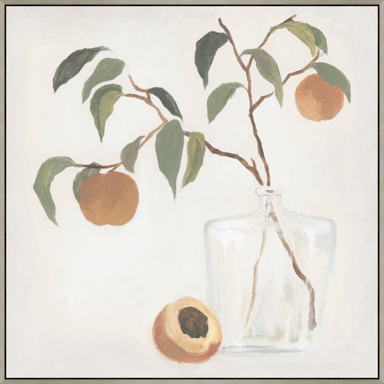 Muted Fruit Vase Watercolor Print on Canvas with Gray Solid Wood Frame