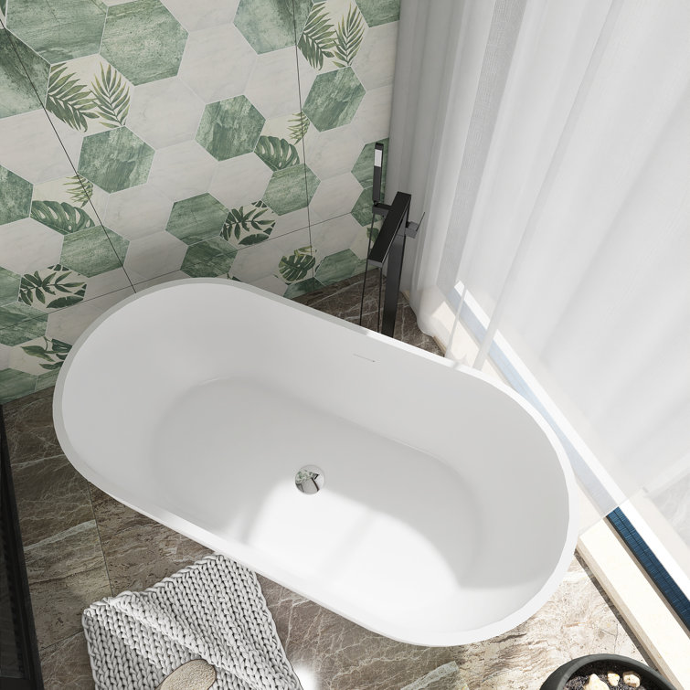 59-Inch Matte White Solid Surface Freestanding Soaking Bathtub