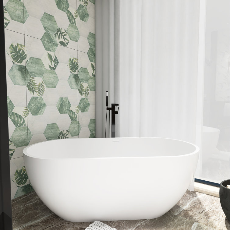 59-Inch Matte White Solid Surface Freestanding Soaking Bathtub